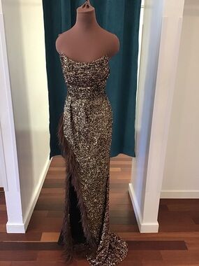 Strapless Bronze Sequin Evening Gown with Feather Trim